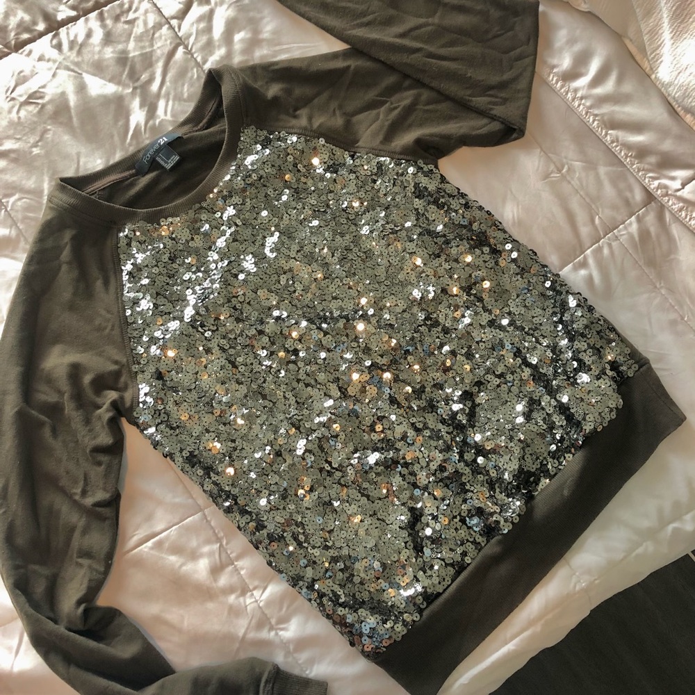 Forever 21 brown sequin long sleeve top, size S
